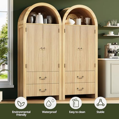71" Arched Storage Cabinet with Fluted Doors, Tall Wood Pantry Cabinet with Drawers & Adjustable Shelves, Modern Coffee Bar Cabinet, Natural Oak