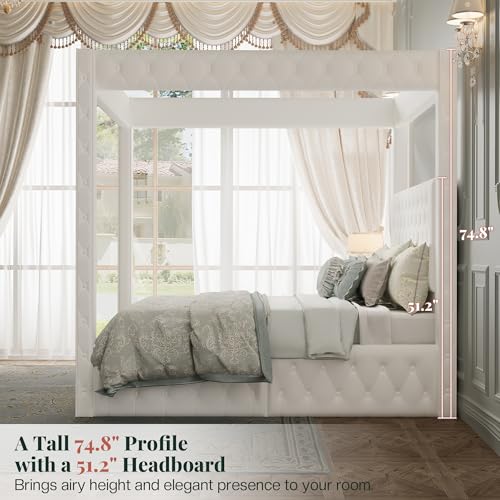 Queen Canopy Bed Frame Velvet Upholstered Headboard, Cream, view 5