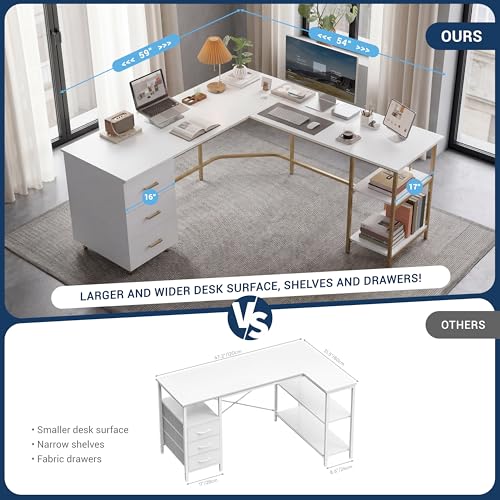 59" Two-Tone L‑Shaped Office Desk with Storage Shelves, Gold, view 5