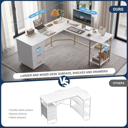 59" Two-Tone L‑Shaped Office Desk with Storage Shelves, Gold, view 5