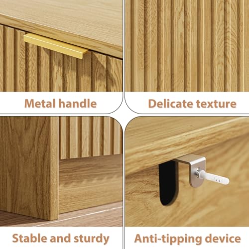 3-Piece Dresser Bedroom Set, 9 Drawer Dresser & 2 Drawer Nightstands with Gold Handles, Fluted Wood Chest of Drawers for Bedroom, Living Room, Entryway, Nature
