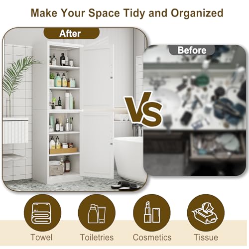 67" Metal Storage Cabinet with Lock, Tall Narrow Office File Cabinets with 2 Doors & 4 Adjustable Shelves, Metal Steel Locker for Home, School, Office, Garage or Gym (White)