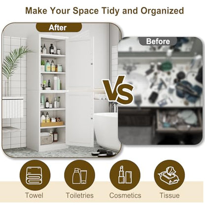 67" Metal Storage Cabinet with Lock, Tall Narrow Office File Cabinets with 2 Doors & 4 Adjustable Shelves, Metal Steel Locker for Home, School, Office, Garage or Gym (White)