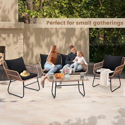 4 Piece Patio Bistro Outdoor Furniture Set, Wicker Sofa, 2 Rattan Chairs and Table, Backyard Conversation Set, Washable Cushions, Natural Rattan Black Cushion