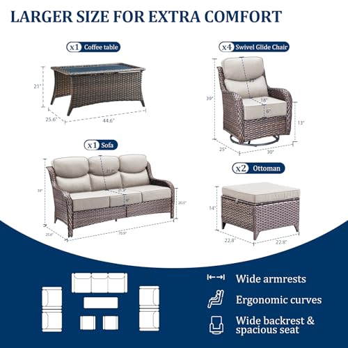 Luxury Swivel Rocker Chair Sofa Set with 6" Thick Cushions,8-Piece Wicker Patio Chair with Coffee Table and Ottoman,Outdoor Comfortable High Back Chair Patio Furniture Set - Brown | Beige
