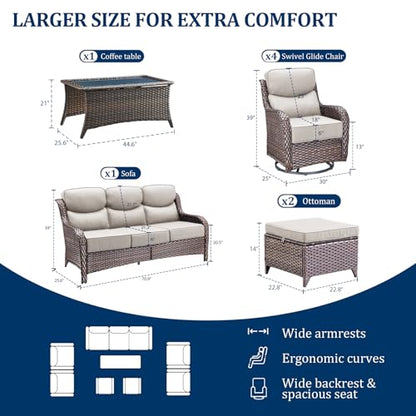 Luxury Swivel Rocker Chair Sofa Set with 6" Thick Cushions,8-Piece Wicker Patio Chair with Coffee Table and Ottoman,Outdoor Comfortable High Back Chair Patio Furniture Set - Brown | Beige