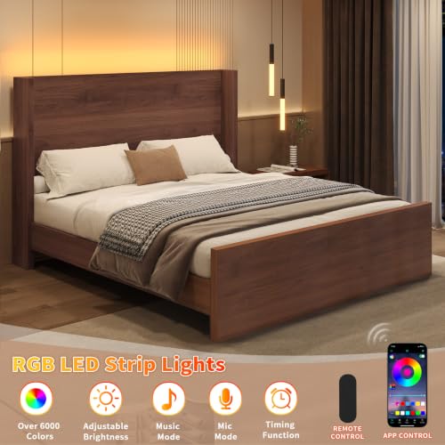 Queen Size Bed Frame with Headboard and LED Lights, view 4