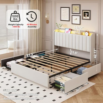 Upholstered beige bed frame with drawers and lights, easy assembly, view 3