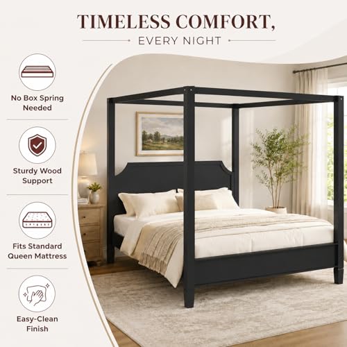Queen Wooden Canopy Platform Bed Frame with Headboard, view 5