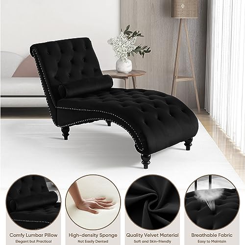 Black Velvet Chaise Lounge Indoor with Toss Pillow, view 5