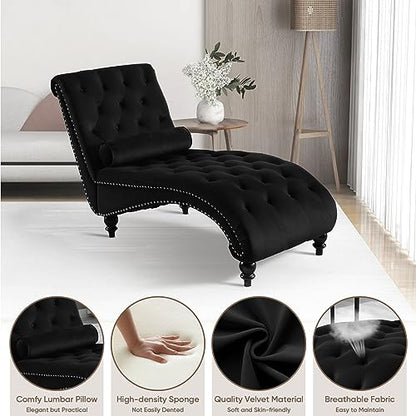 Black Velvet Chaise Lounge Indoor with Toss Pillow, view 5