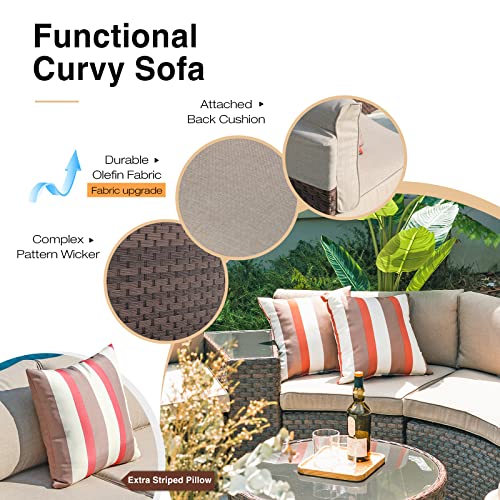 Outdoor 7-Piece Half-Moon Sectional Furniture Set with Round Coffee Table, Patio Curved Sofa Set, Beige Cushion and Brown Wicker, Incl. Waterproof Cover