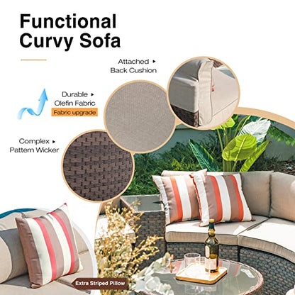 Outdoor 7-Piece Half-Moon Sectional Furniture Set with Round Coffee Table, Patio Curved Sofa Set, Beige Cushion and Brown Wicker, Incl. Waterproof Cover