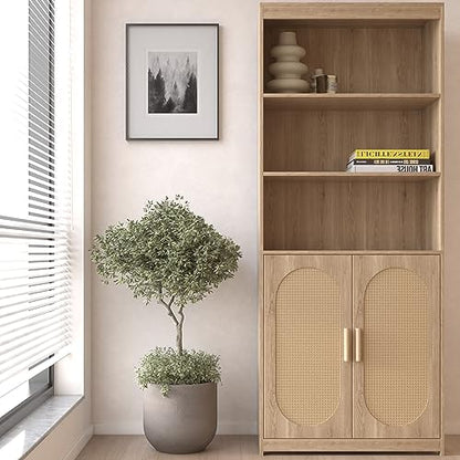 Rattan Bookcase with Doors 72 in Tall Boho Bookshelf 5 Shelves Floor Standing Book Storage Cabinet 3 Display Shelves Mid Century Modern Bookshelf Wicker Bookshelves
