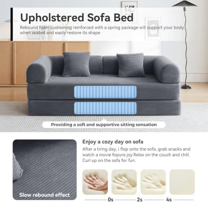 Sofa Bed, Corduroy Sleeper Sofa Bed with Fixed Frame, Floor Sofa Lounge with Pillow, Convertible Folding Mattress Couch for Living Room, Bedroom, Lounge, Studio (Dark Gray)