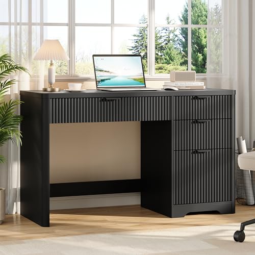 47" Office Desk with 4 Fluted Drawers, Wooden Home Exectuive Desk with A File Drawer, Modern Farmhouse Computer Desk for Work, Study, Home Office, Bedroom,Pure Black