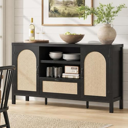 Sideboard Buffet Cabinet with Storage, 59.1" Large Rattan Storage Cabinet with Drawers, Farmhouse Coffee Bar Cabinet for Living Room, Kitchen, Entryway, Black