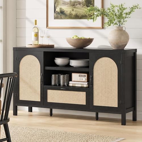 Sideboard Buffet Cabinet with Storage, 59.1" Large Rattan Storage Cabinet with Drawers, Farmhouse Coffee Bar Cabinet for Living Room, Kitchen, Entryway, Black