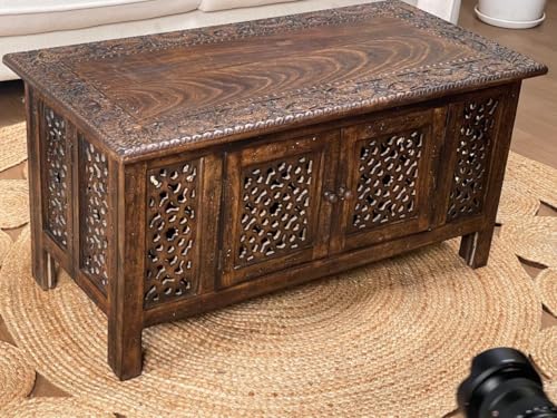 Hand-Carved Wooden Coffee Table – 36x18” Rectangular Mango Wood Center Table with Storage, Natural Burnt Finish, Living Room & Accent Table