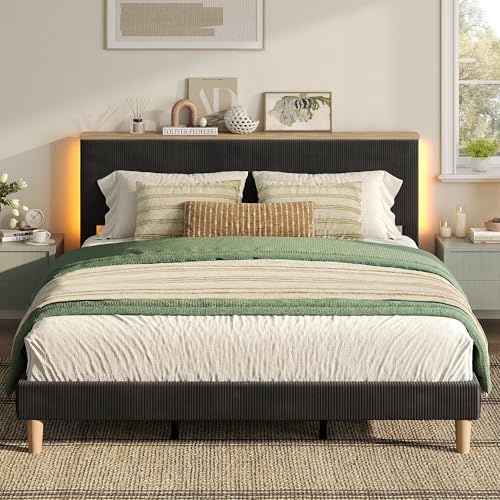 King Bed Frame with Storage Headboard & LED, Upholstered, Black, view 2