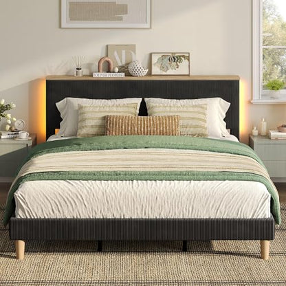 King Bed Frame with Storage Headboard & LED, Upholstered, Black, view 2