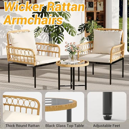 Wicker 3 Pieces Patio Bistro Sets Outdoor Conversation Sets with Glass Top Side Table and 2 Modern Rattan Chairs, Patio Furniture Set for Apartment, Backyard, Porch, Balcony, Lawn (Beige)
