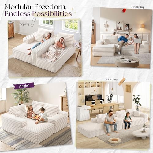 106" Oversized Modular Sectional Sofa, Deep Seat Cloud Couch with Corduroy Upholstery, L Shaped Boneless Sofas, Easy No-Assembly Lounge Couches for Living Room, Cream