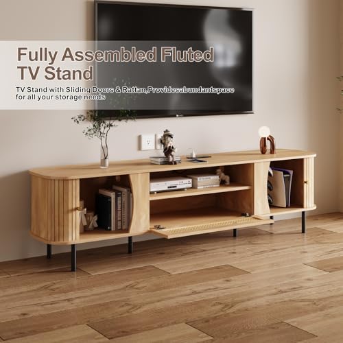 Fully Assembled 71" Mid Century Modern TV Stand with Power Outlet and Sliding, view 4