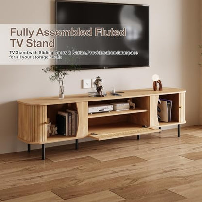 Fully Assembled 71" Mid Century Modern TV Stand with Power Outlet and Sliding, view 4