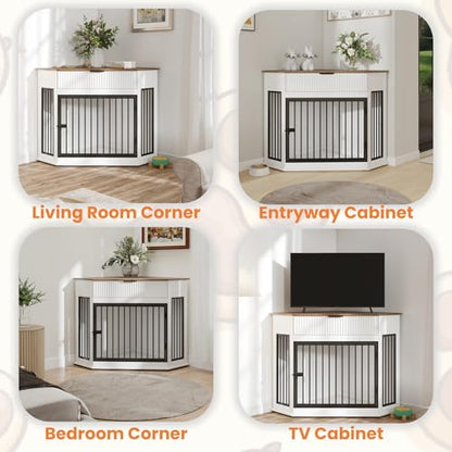 Corner Dog Crate Furniture with Fluted Storage Drawer, White, view 6