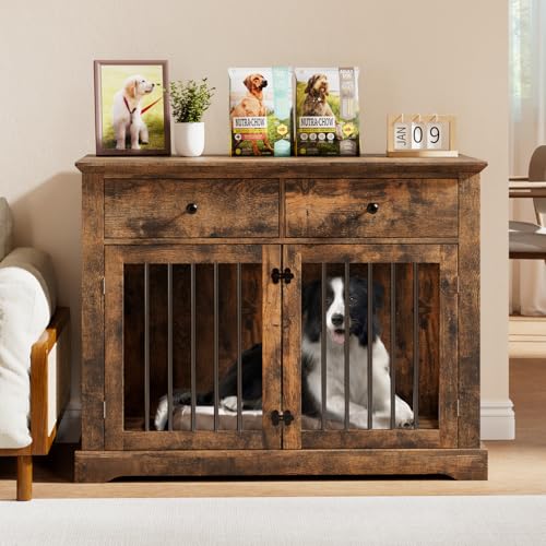 Large Dog Crate Furniture with 2 Drawers, 44 Inch Wooden Dog Kennel Indoor, view 6
