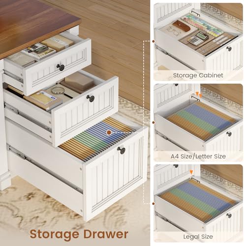 L Shaped Desk with 4 Drawers, 67"x 67" Executive Home Office Desk with File Drawers & Storage Cabinet, Corner Computer Desk with Power Strip for Bedroom, Brown+White
