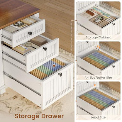 L Shaped Desk with 4 Drawers, 67"x 67" Executive Home Office Desk with File Drawers & Storage Cabinet, Corner Computer Desk with Power Strip for Bedroom, Brown+White