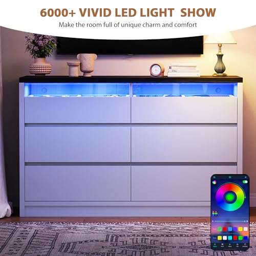 White 6 Drawer Dresser for Bedroom with LED Light & Deep Drawers, view 5