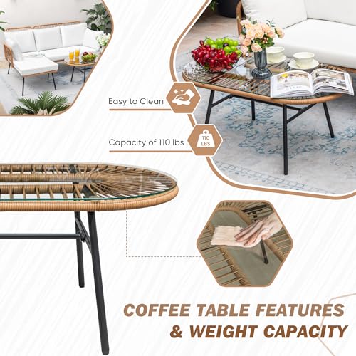 Outdoor Rope Woven Patio Furniture L-Shaped Conversation Sectional Sofa Set Detachable Lounger for Backyard Porch with Thick Cushions & Long Table, White