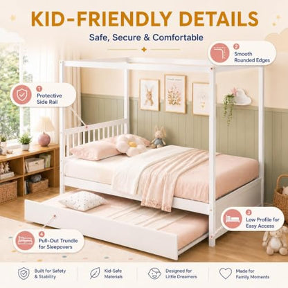 Full Size Canopy Bed with Trundle, Solid Wood Daybed Frame for Kids and Teens, view 7