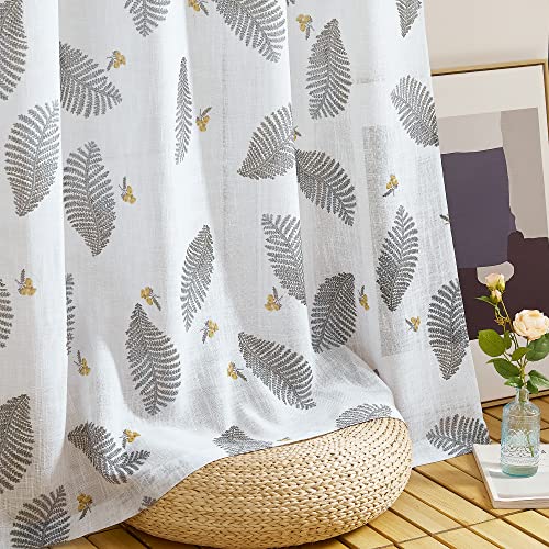Floral Sheer Curtains - Linen Textured, Leaves Print Embroidery Boho Curtains Grommet Top Durable View Through for Teens Bedroom, Kitchen, Living Room, W 50" x L 84", 2 Panels, White