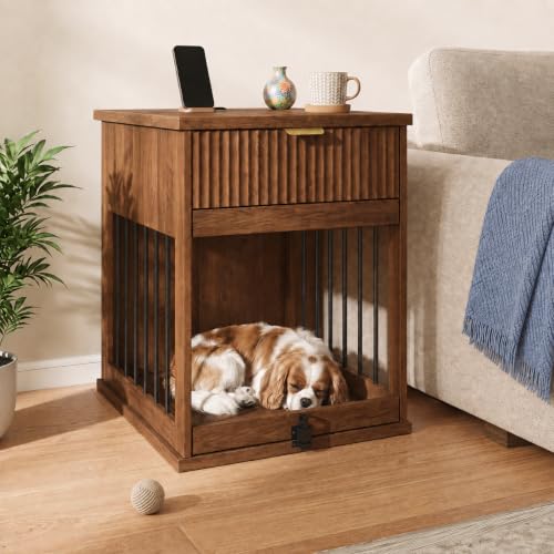 Wooden Dog Crate Furniture End Table with Drawer for Small Dogs (Brown), view 2