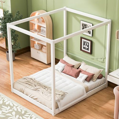 Queen Size Canopy Bed, Wood Queen Platform Floor Bed with Slat Support, view 4