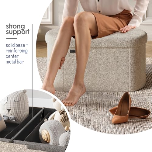 Storage Ottoman Bench, 30 Inch Storage Bench for Bedroom End of Bed, Foldable Large Ottoman Foot Rest, Entryway Benches, Boucle Oval Organizer Chest Max 660lbs, Beige