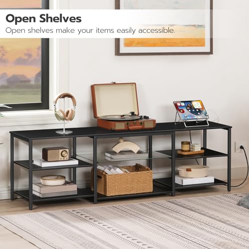 LED TV Stand for 75 Inch TVs with Charging Station, Gaming Entertainment Center with 3-Tier Open Storage, Long 63” Media TV Console Table, TV Stand for Living Room, Bedroom, Black BB21UDDS01