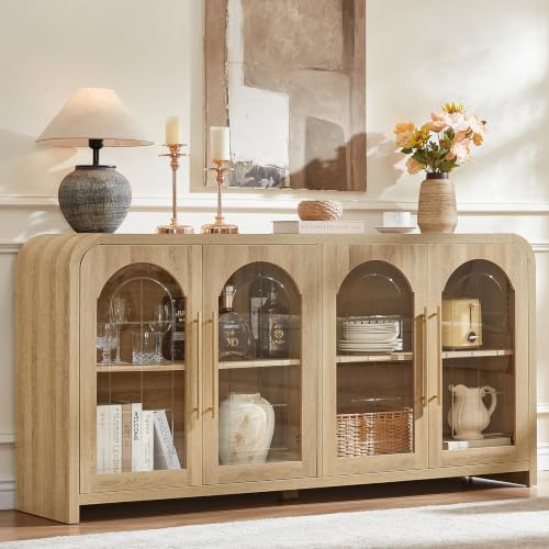 65" Sideboard Buffet Cabinet with Arched Glass Doors, Natural, view 2