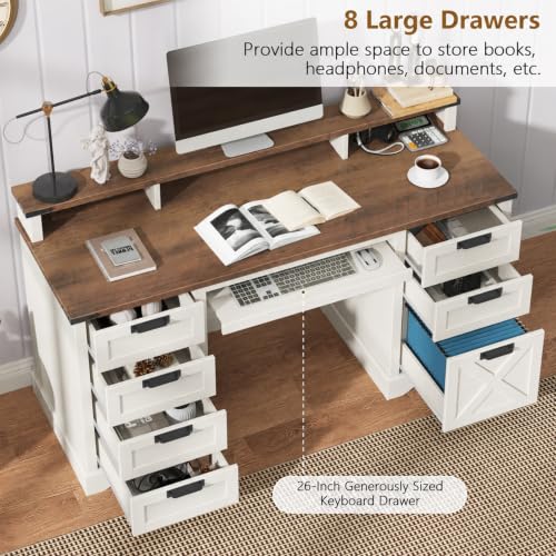 60" Farmhouse Executive Desk with 8 Drawers, White and Brown, view 5