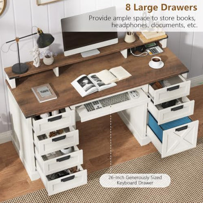 60" Farmhouse Executive Desk with 8 Drawers, White and Brown, view 5