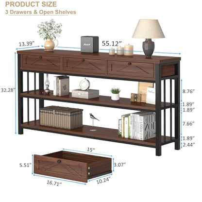 55” Sofa Table with Drawers, Entryway Table with Storage Shelf, 3 Tier Console Table with Storage Behind Couch for Living Room, Rustic Wood Metal Entry Hallway Table for Entrance, Walnut, 55 in