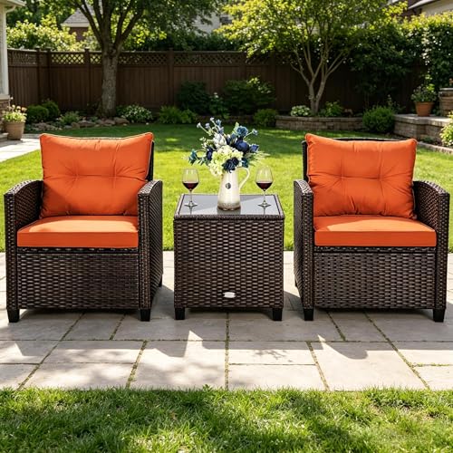 3 Pieces Patio Furniture Set, Outdoor Wicker Conversation Set Rattan Chairs with Cushions, Glass Coffee Table, Bistro Set for Front Porch Balcony Garden Deck Poolside (Orange)
