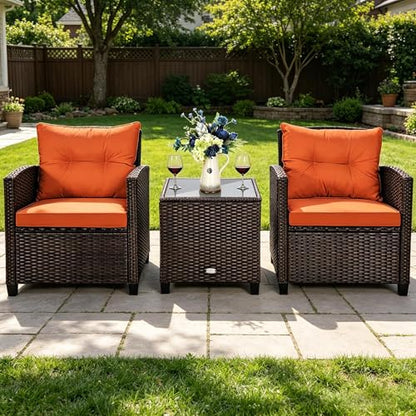 3 Pieces Patio Furniture Set, Outdoor Wicker Conversation Set Rattan Chairs with Cushions, Glass Coffee Table, Bistro Set for Front Porch Balcony Garden Deck Poolside (Orange)