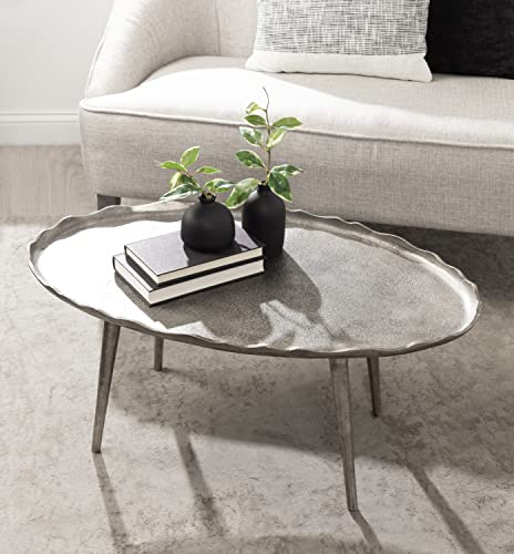 Alessia Modern Glam Oval Coffee Table; 34 x 20 x 15; Silver; Metal Living Room Table for Storage and Display with Antique Deckled Edge Detailing