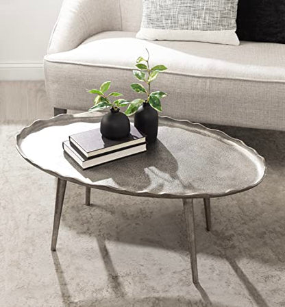 Alessia Modern Glam Oval Coffee Table; 34 x 20 x 15; Silver; Metal Living Room Table for Storage and Display with Antique Deckled Edge Detailing