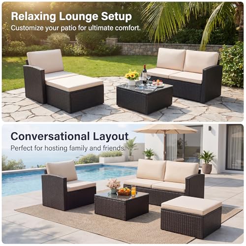 Patio Sofa,Outdoor Furniture Set 4 Pieces,Wicker Sectional Couch with Glass Desktop and 75.9in Wide Backrest for Backyard, Deck,Porch & Poolside(Black)